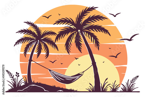 61 Tropical sunset, palm trees silhouette, hammock between palm trees, circular composition, vibrant gradient sky, stylized beach scene, flying birds, retro summer aesthetic, vector art style, warm co