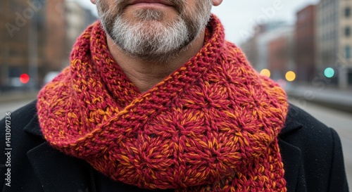 Man wearing a colorful knitted scarf in a chilly urban setting for winter fashion and style
