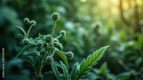 Close-up of a cannabis plant with Tetrahydrocannabinolic Acid (THCA) crystals forming on its surface, set against an out-of-focus natural backdrop. photo