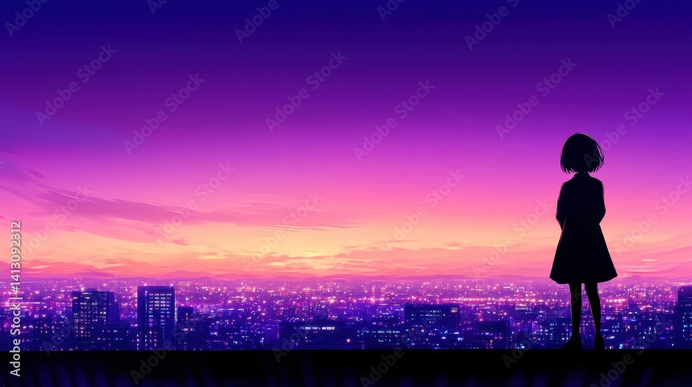 Fototapeta premium Silhouette of a girl in a dress overlooking a vibrant city skyline at sunset, reflecting tranquility