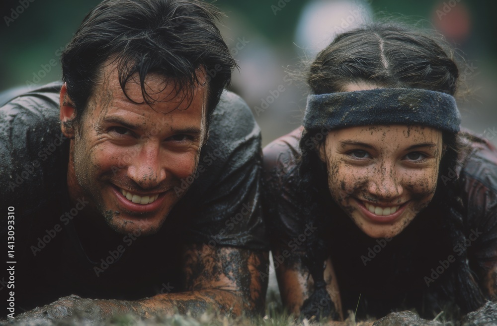 Fototapeta premium A happy father and daughter participating in an adventure race.