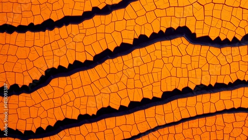 Abstract cracked surface texture pattern orange background with black lines