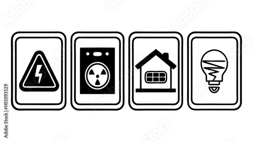 "Line-style icon set for energy services: blackout warning, energy usage graph, electric fuse, and home automation — sleek, flat design with uniform stroke width, ideal for modern apps."