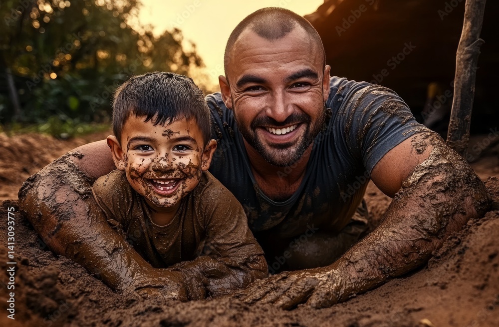 Fototapeta premium A happy father and son participating in an adventure race.
