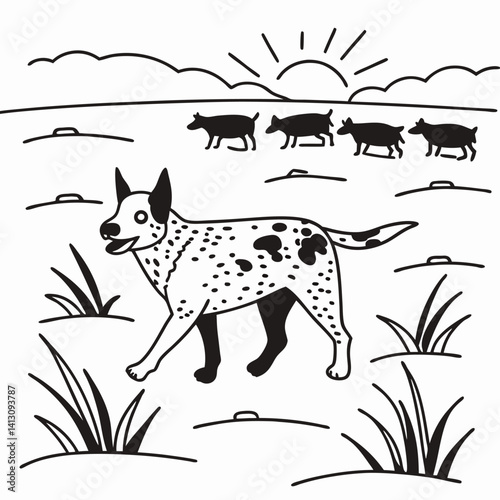 Cattle Dog Herding Sheep, Black and White Illustration