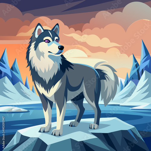 Alaskan Malamute Dog on Ice, Winter Landscape