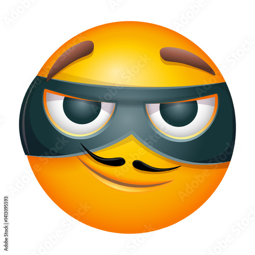 Zorro emoji with black eye mask on white background. Cute emoticon in Zorro eye mask