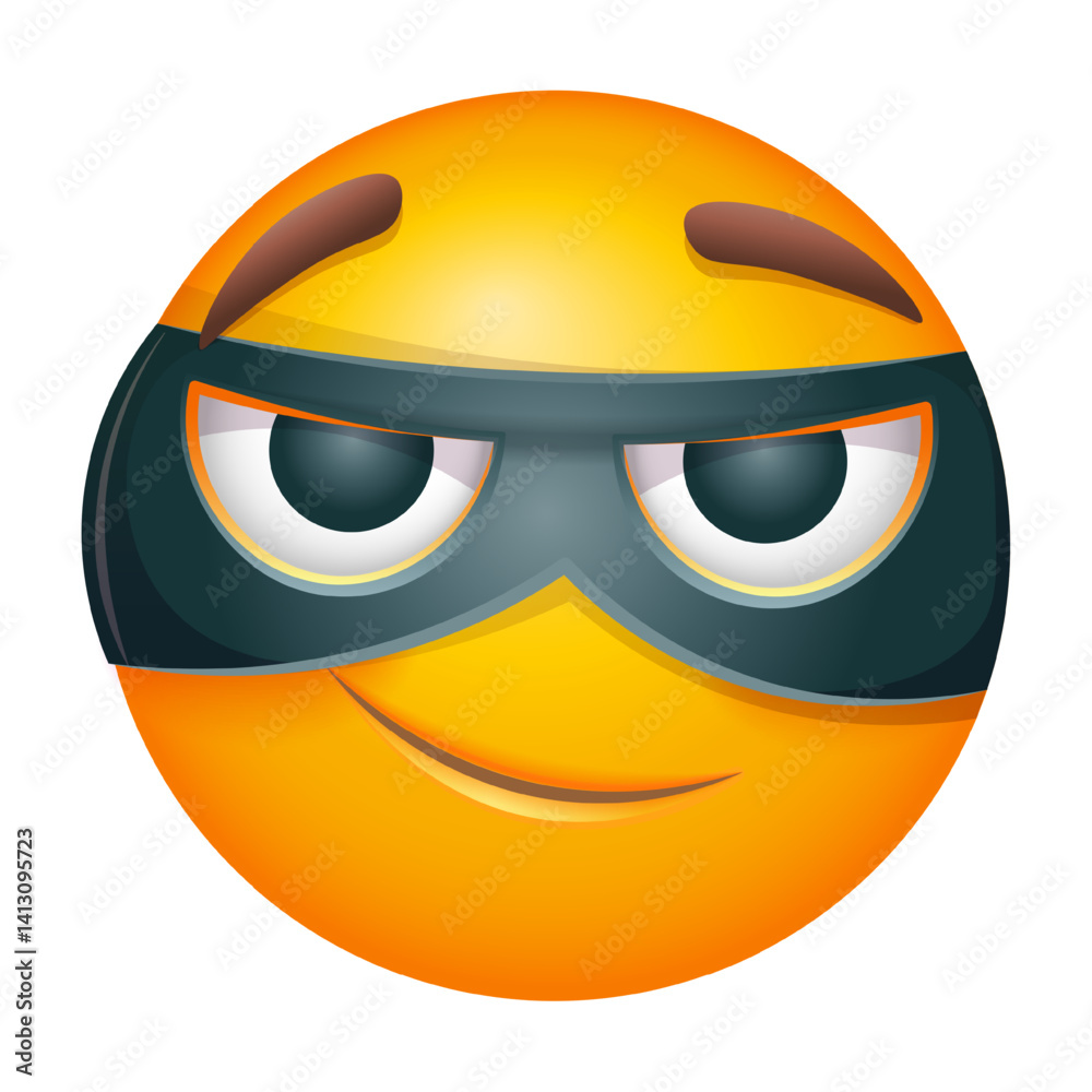 Zorro emoji with black eye mask on white background. Cute emoticon in Zorro eye mask