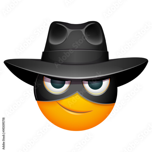 Zorro emoji with black eye mask on white background. Cute emoticon in Zorro eye mask and black hat