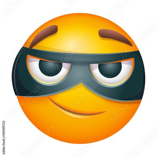 Zorro emoji with black eye mask on white background. Cute emoticon in Zorro eye mask