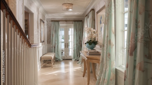 Elegant coastal foyer with seashell motifs, light pastel colors, and graceful, flowing drapery. 