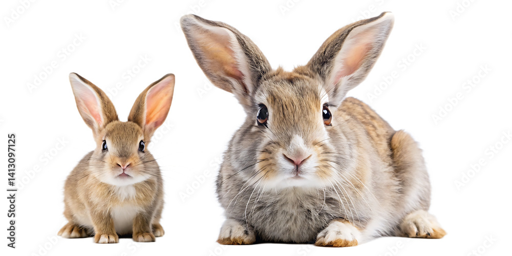 Fototapeta premium Studio portrait of cute rabbit isolated on transparent png background, happy bunny running on floor, adorable fluffy rabbit that sniffing isolated on white background PNG