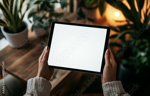 Hands holding a black tablet with a white screen.