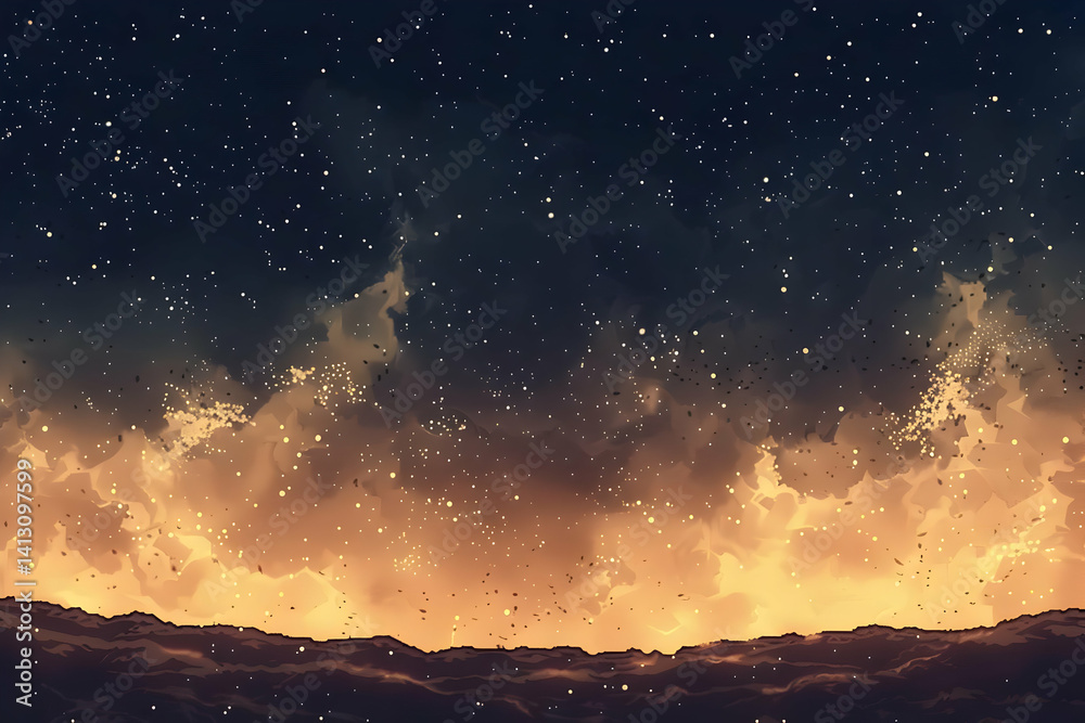 Naklejka premium Scenic Night Sky Landscape with Starry Galaxy and Dramatic Cloud Formations in Warm Golden Light Pixel Art