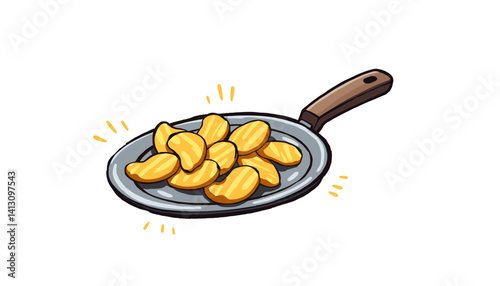 Golden nuggets served in a frying pan against a white background  