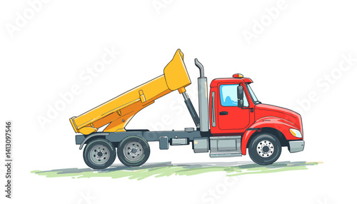 Red dump truck unloading on grassy site  