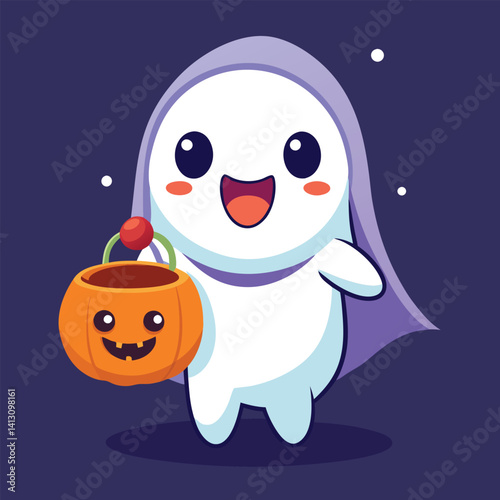 Spooky cute ghost Happy Halloween, pumpkin cartoon with ghost smiling  characters