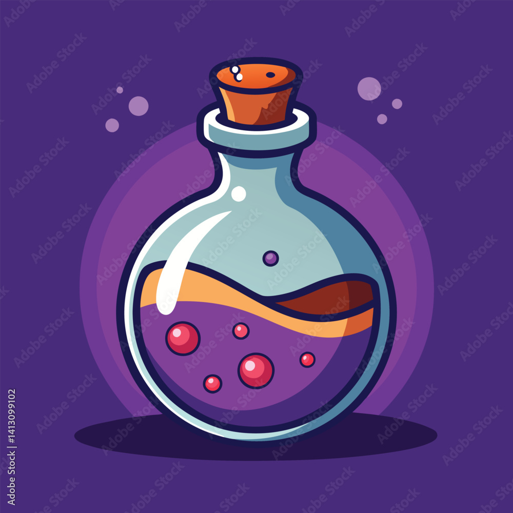 A pink vector illustration shows a transparent bottle, like a potion or perfume flask, with a glass and liquid A pink vector illustration shows a transparent bottle, like a potion or perfume flask, with a glass and liquid
