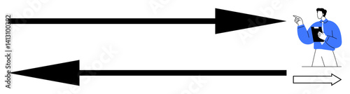 Man holding clipboard pointing as large opposing arrows convey conflict and forward motion. Ideal for leadership, decision, direction, contradiction, opposition, strategy, flat simple metaphor