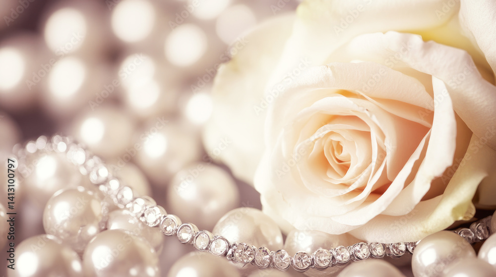 Elegant white rose with pearls and diamonds in soft focus Elegant white rose with pearls and diamonds in soft focus