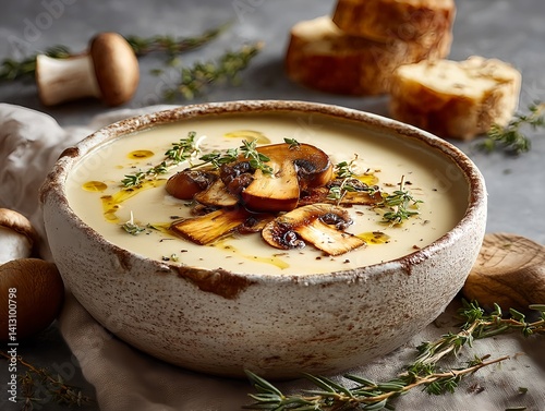 Rustic home-made mushroom cream soup 