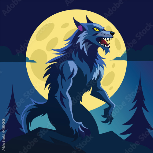 Dark Werewolf Howling at Full Moon on Mountain Peak with Night Sky and Forest Background Illustration
