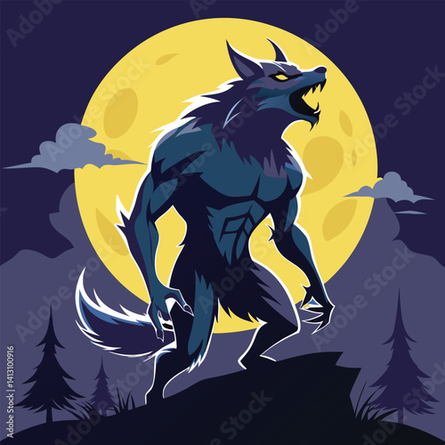 Dark Werewolf Howling at Full Moon on Mountain Peak with Night Sky and Forest Background Illustration

