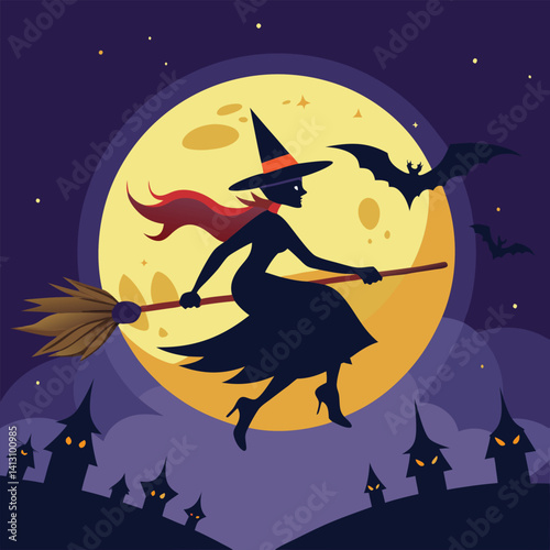 Halloween witch flying on broomstick across full moon night with bats and haunted house silhouette
