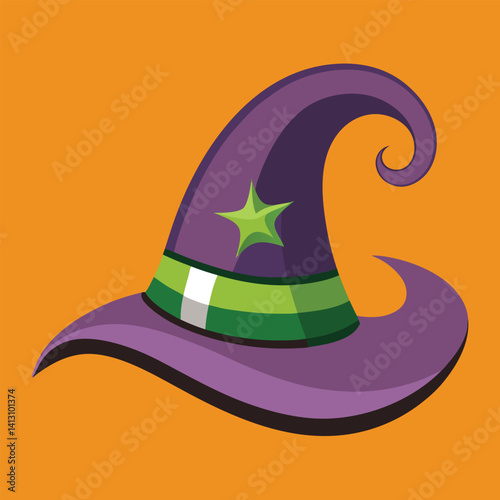 This is a vector illustration of a black, vintage-style witch hat, a classic Halloween magic symbol and fashion object