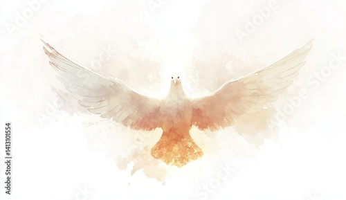 Pentecost background with flying dove. Watercolor painting.