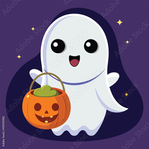 Spooky cute ghost Happy Halloween, pumpkin cartoon with ghost smiling characters

