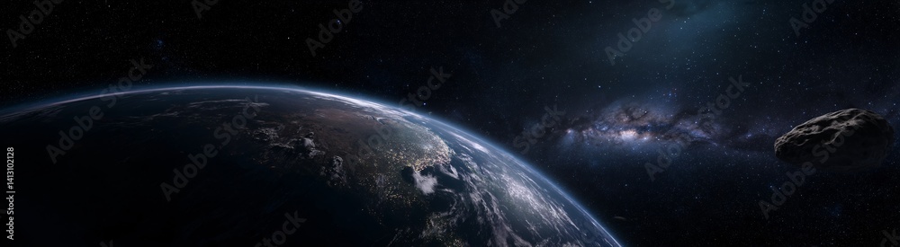 Fototapeta premium Distant Planet Earth: A celestial landscape showcases Earth from a unique perspective, offering a breathtaking view of the planet set against the vastness of the cosmos. 