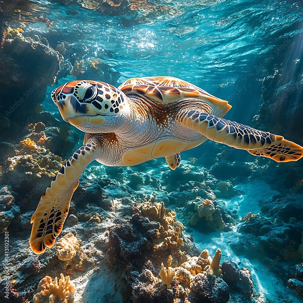 Fototapeta premium Majestic sea turtle glides through coral reef.