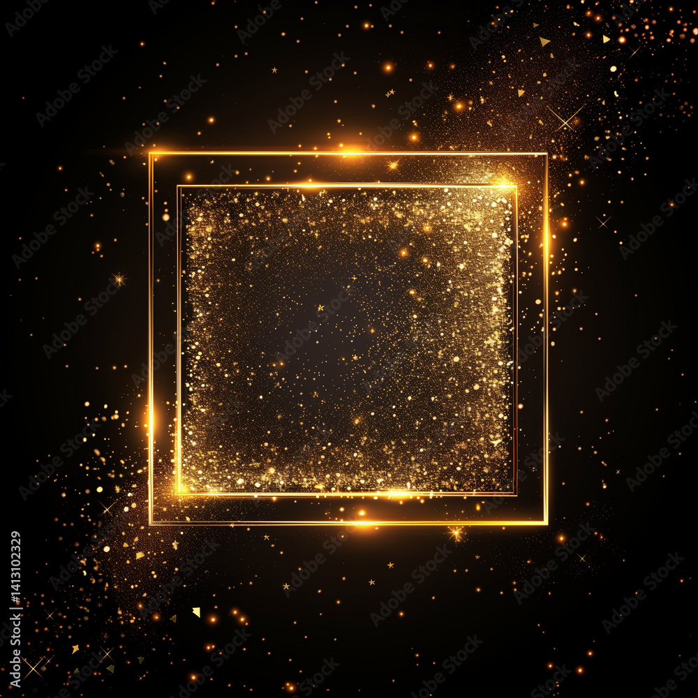 Obraz premium Golden Glittering Particles Inside Square on Dark Sparkly Starry Backdrop