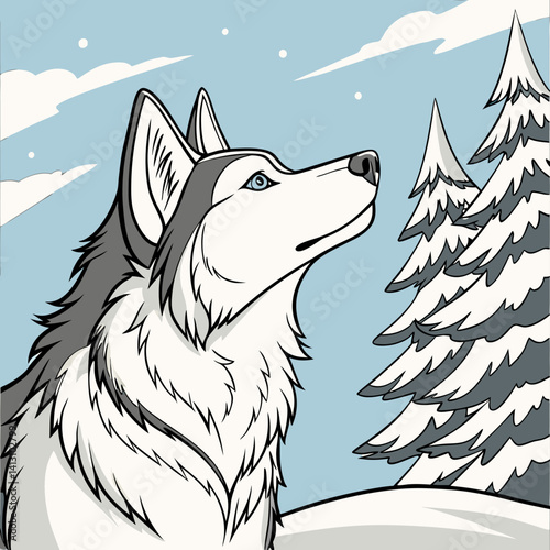 Husky Dog in Snowy Winter Landscape