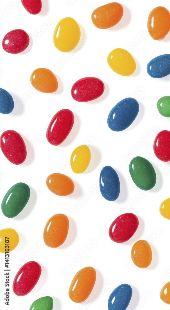 Vibrant Colorful Jelly Beans Scattered on White Surface, Overhead Studio Still Life Vibrant Colorful Jelly Beans Scattered on White Surface, Overhead Studio Still Life