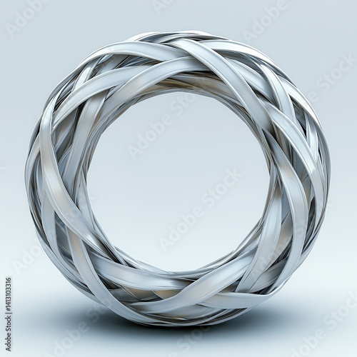 3D Rendering of Modern Abstract Metal Ring Design: Sleek Curved Geometric Shape with Luminous Silver Textured Background - A Minimalist Art Study in Elegant Contemporary Craftsmanship