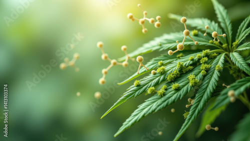 A close-up view of a vibrant marijuana plant with a focus on Tetrahydrocannabinolic acid (THCA) crystals. photo