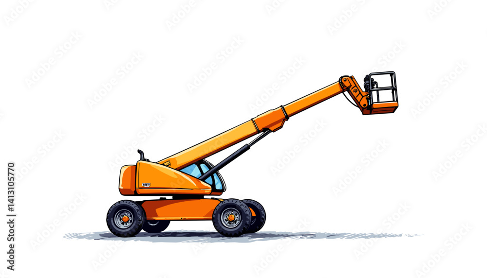Fototapeta premium Construction lift vehicle in bright orange against plain background 