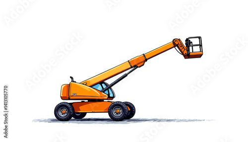 Construction lift vehicle in bright orange against plain background  