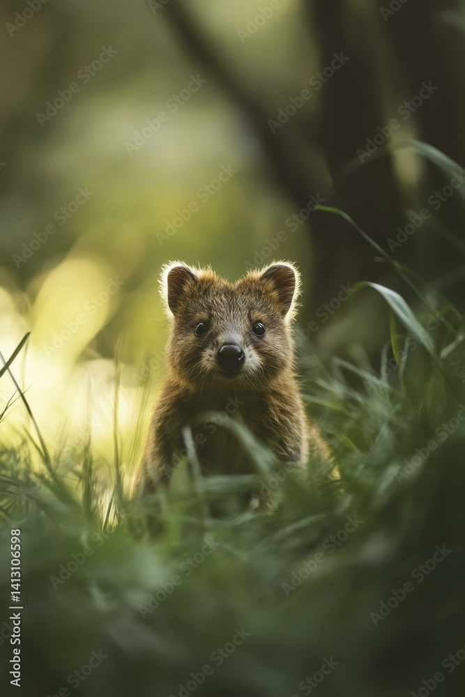 Fototapeta premium Quokka Portrait Staring in Green Grass Natural Habitat Wildlife Scene