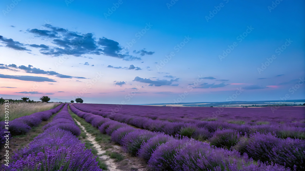 Obraz premium A serene natural scene of a lavender field stretching under a clear blue sky.