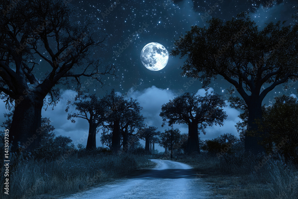 Fototapeta premium Enchanting night landscape with full moon and majestic baobab trees under starry sky