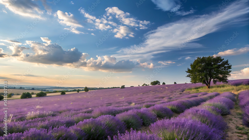 Fototapeta premium A serene natural scene of a lavender field stretching under a clear blue sky.