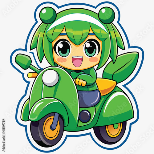 Cute green girl riding a scooter