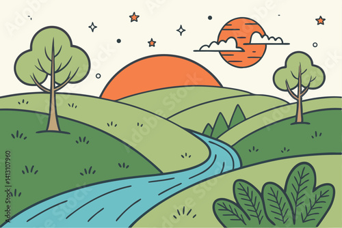 69 Peaceful landscape, vibrant sunset, rolling green hills, winding blue river, stylized trees, cartoon-like art style, bright orange sun, starry sky, wispy clouds, minimalist design, playful illustra