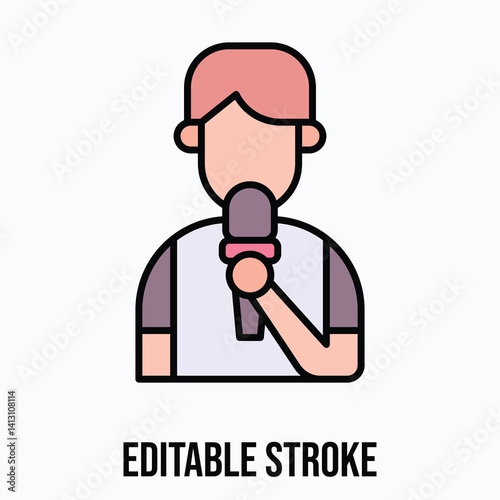News Reporter Vector Icon, Male News Anchor, Flat Style Isolated Vector Icon. Editable Stroke. 