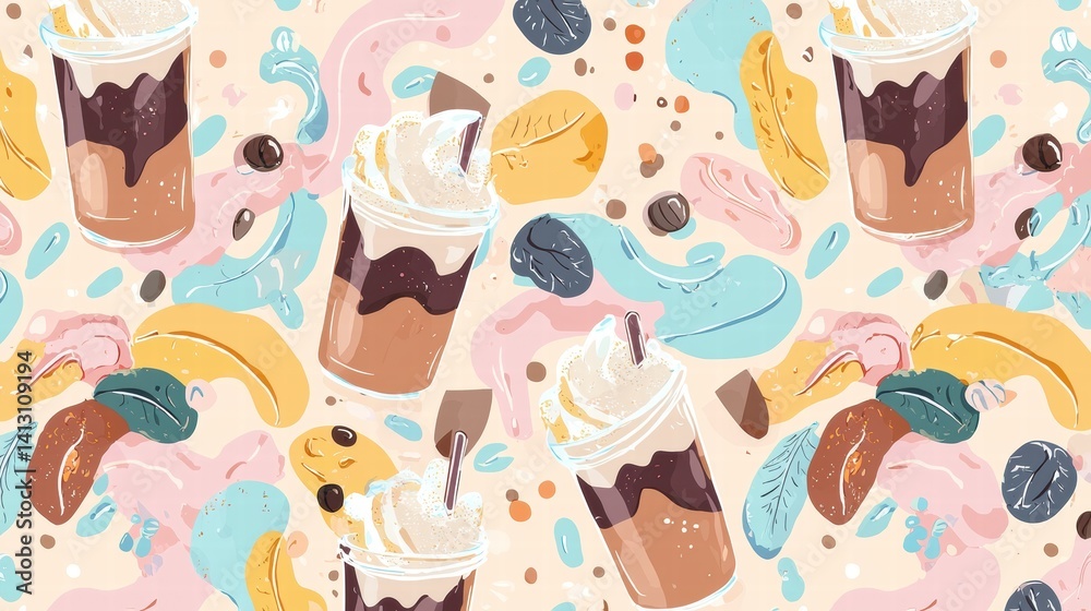 Fototapeta premium Charming pattern featuring iced coffees and frosty ices for a fun and refreshing design