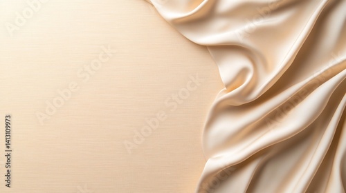 Luxurious, smooth champagne silk draped on a light beige background