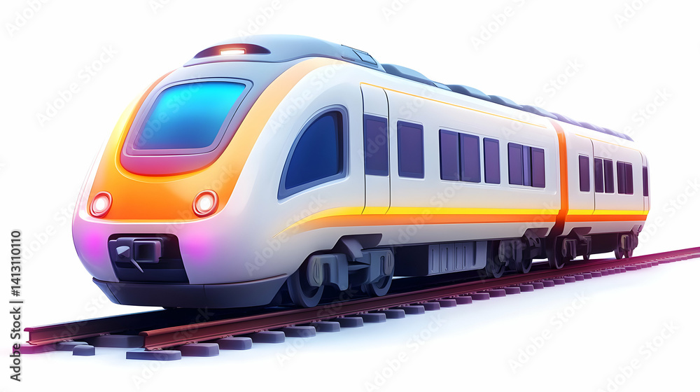 Naklejka premium Sleek White Orange Modern Train on Railroad Tracks for High Speed Commuting and Public Transportation on White Background